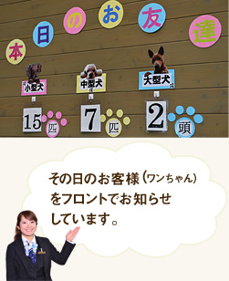 その日のお客様(ワンちゃん)をフロントでお知らせしています。
